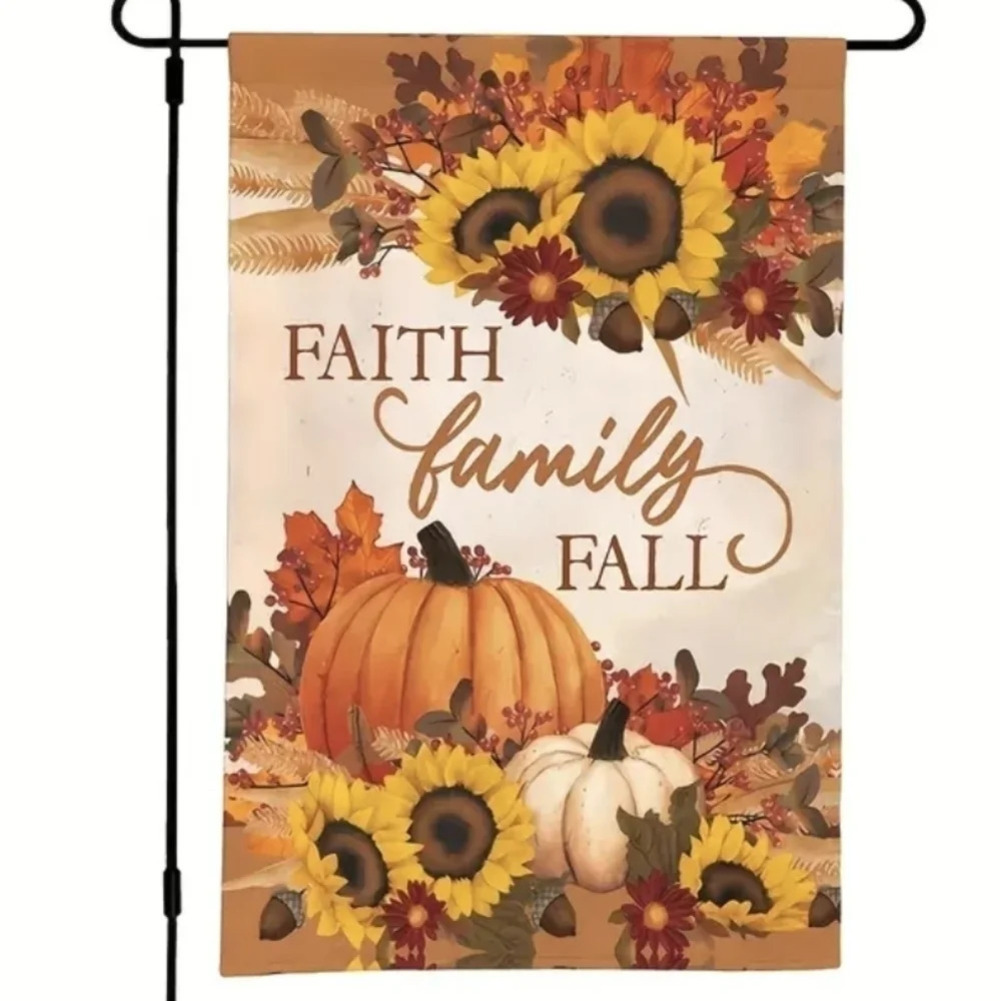 "faith family fall" garden flag, sunflowers pumpkins leaves